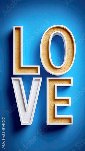 Striking LOVE Word with Gold and White 3D Letters on a Vibrant Blue Textured Background