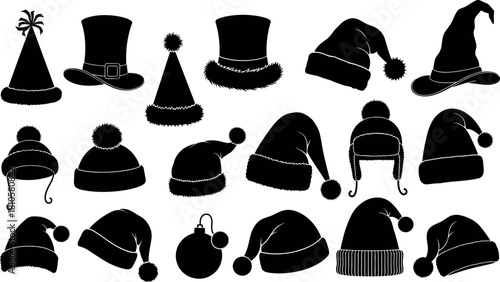 Set of black Christmas hat silhouettes, winter caps, Santa hats, and party headwear vector icons, isolated on white background.