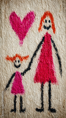 Child's Crayon Drawing of Mother and Daughter Holding Hands with a Pink Heart on Brown Paper