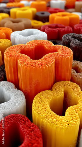 Vertical Close-up of Vibrant Textured Letter O Shapes in Red, Yellow, Orange, and White Colors