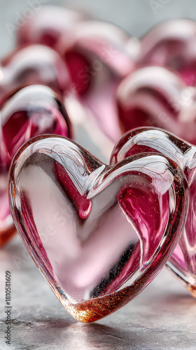 Close-up of Sparkling Pink Glass Hearts with Bokeh Background Reflection