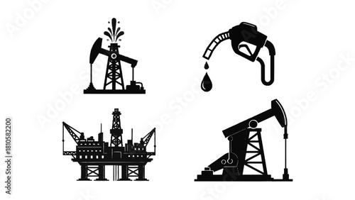 Vector illustration of collection of black and white icons representing oil and gas industry, including pumpjack and fuel nozzle, isolated on transparent background