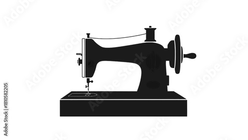 Vector illustration of black and white silhouette icon of a vintage manual sewing machine on a base, isolated on transparent background 
