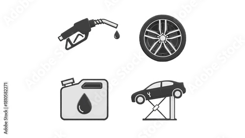 Vector illustration of set of four black and white icons representing car service, fuel, tire, and maintenance isolated on transparent background 