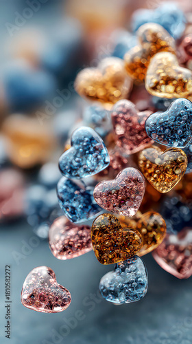 Close-up of Sparkling Blue, Gold, and Pink Glass Bubble Hearts Pile