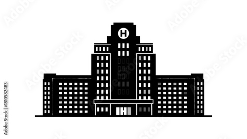 Vector illustration of black and white silhouette icon of a large hospital building with an h sign on top, isolated on transparent background 