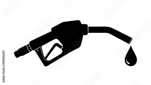 Vector illustration of black silhouette icon of a fuel pump nozzle with a single drop of liquid falling from the spout, isolated on transparent background 