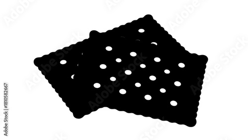 Vector illustration of black silhouette icon of two square cracker snack food item with small hole pattern, isolated on transparent background 