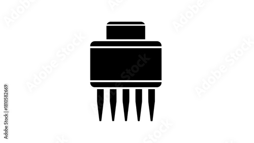 Vector illustration of simple black icon representing an electronic integrated circuit chip with multiple pin connector isolated on transparent background 