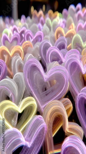 Field of Neon Glowing Heart Shapes in Pastel Purple, Yellow, and White Light Trails