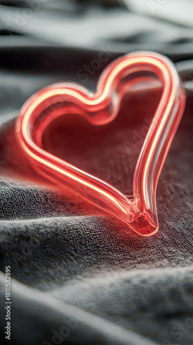 Neon Red Glass Heart Glowing on a Soft Dark Gray Textured Fabric Surface