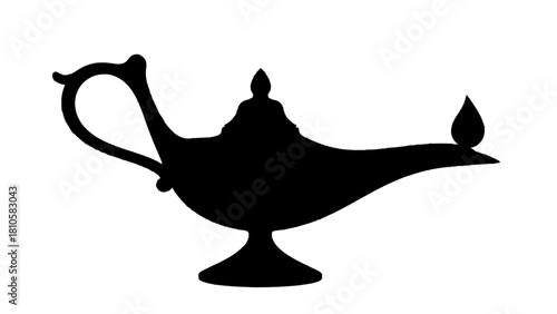 Vector illustration of silhouette of an antique magic genie lamp with a flame, isolated on transparent background 