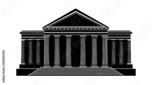 Vector illustration of black and white icon of a classical bank building with a bitcoin symbol on the pediment isolated on transparent background 