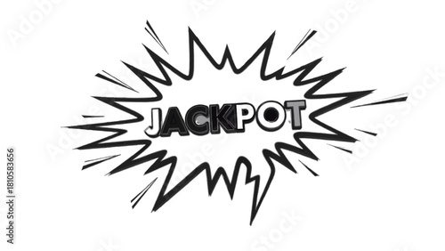 Vector illustration of black and white comic style burst graphic with the word jackpot written in the center isolated on transparent background 