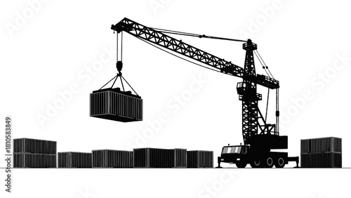Vector illustration of silhouette of a mobile crane lifting a shipping container at a port or construction site isolated on transparent background 