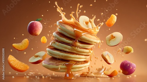 Pancakes flying with syrup splash fruit scatted