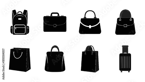 Vector illustration of collection of eight black silhouette icons representing various types of bag, luggage, and travel accessory isolated on transparent background