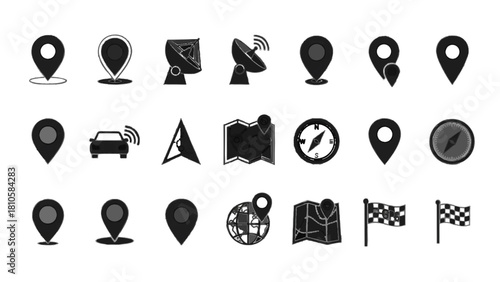 Vector illustration of set of grunge style navigation and location map icon symbols for gps tracking and direction isolated on transparent background 