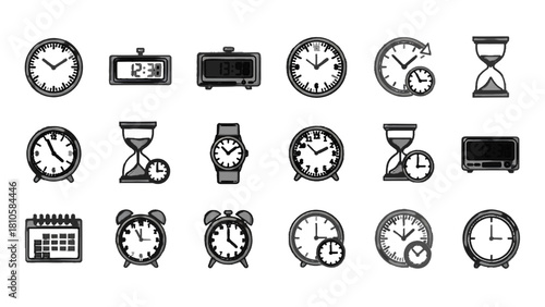 Vector illustration of collection of various time measuring device icons including analog clock, digital clock, and hourglass, isolated on transparent background 