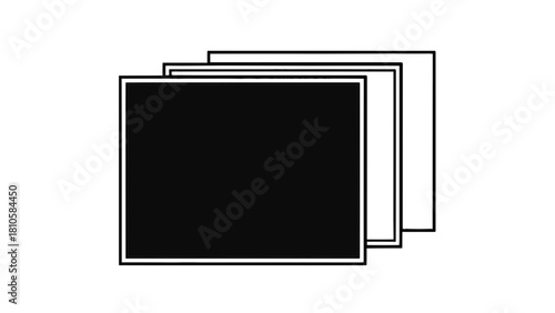 Vector illustration of stack of three overlapping rectangular frames or document icon representing layering or multiple page view, isolated on transparent background 