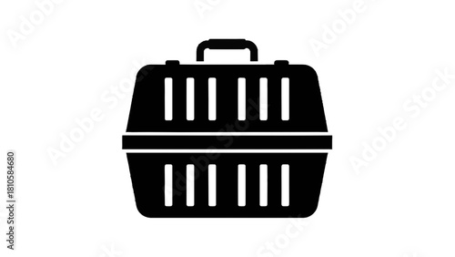 Vector illustration of black silhouette icon of a pet carrier or animal travel crate with handle and ventilation slots, isolated on transparent background 