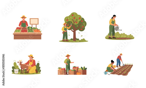 Flat Illustration Various Farmers Activity on Farm with Harvested Products