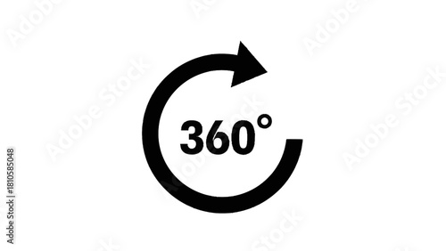 Vector illustration of black circular arrow icon indicating a full 360 degree rotation or panoramic view symbol, isolated on transparent background 