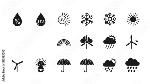 Vector illustration of set of weather and climate icons including humidity uv sun snow rainbow cloud and wind turbine isolated on transparent background 