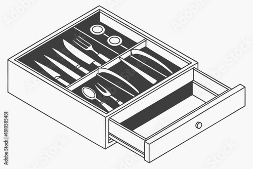 Organized drawer with silverware, knives, forks and spoons, ideal for culinary blogs and home decor projects, originally vector, clean lines, modern