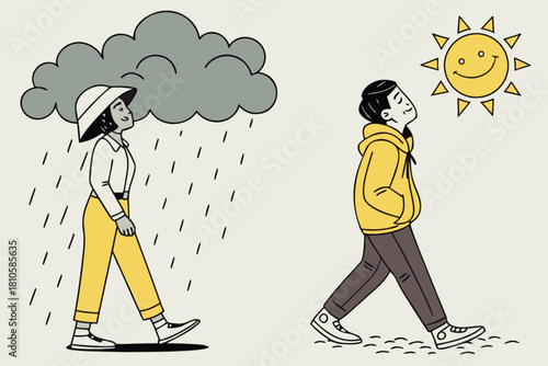 Weathering life's storms and embracing brighter days, finding joy in sunshine after the rain, a hopeful journey from gloom to happiness and positivity