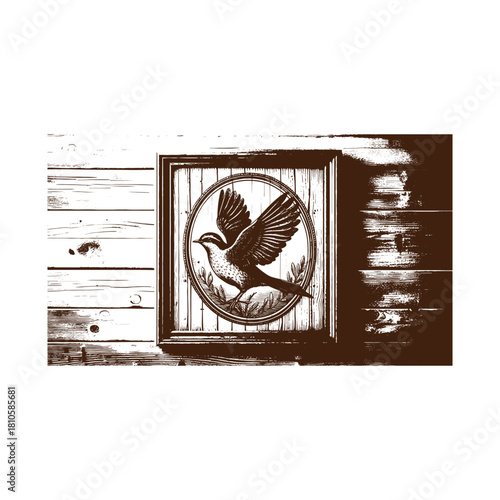 Vintage bird illustration on wooden background isolated on
