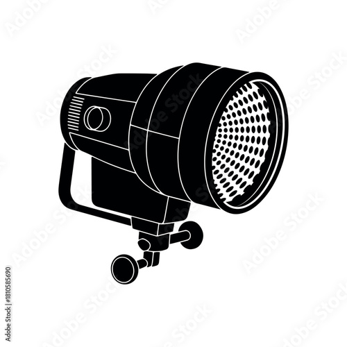 Detailed black and white illustration of a professional studio strobe light, perfect for photography and videography projects, isolated on a clean background, representing modern lighting equipment