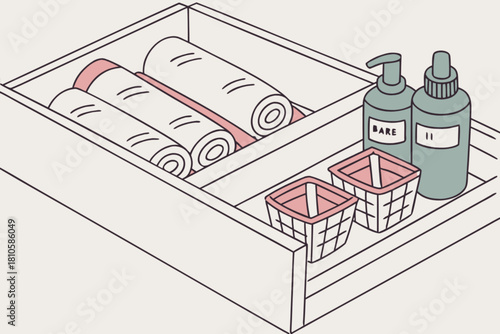 Organized bathroom drawer with rolled towels, storage baskets and essential oils, a clean and modern lifestyle for a spa like experience at home