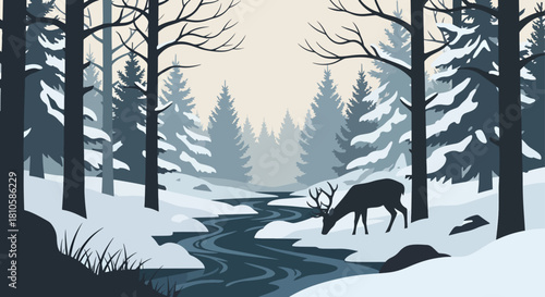Artistic Flat Style Winter Forest Landscape with Deer Drinking from Stream