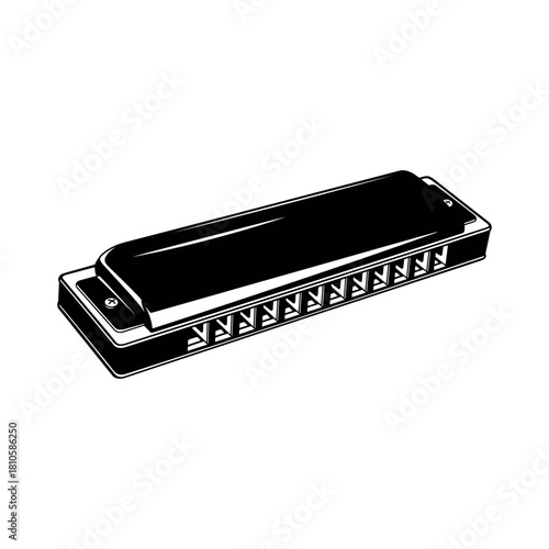 A detailed monochrome illustration of a classic diatonic harmonica, a wind instrument symbolizing blues, folk, and country music culture