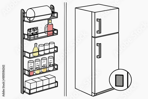 Organized kitchen storage with a well stocked pantry rack and refrigerator, perfect for home cooking and meal prep, offering convenience and efficiency