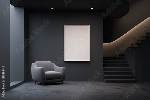 Interior scene of a minimalist room with an armchair, blank artwork, and stairs