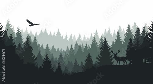 Minimalist Silhouette Foggy Forest Scene with Eagle and Deer Illustration