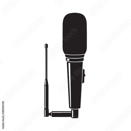 Simple black silhouette icon of a wireless microphone with an antenna. Vector graphic representing audio recording, broadcasting, and sound equipment