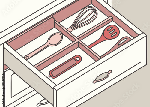 Organized kitchen drawer illustration filled with cooking utensils, ideal for culinary design or food preparation concepts with a clean, modern aesthetic