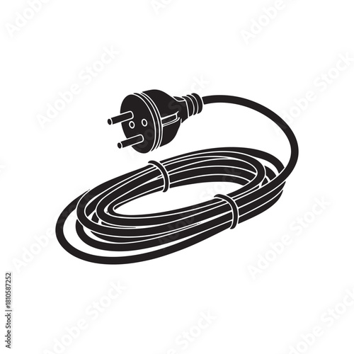 Black and white vector icon of a coiled electrical power cord with a three-prong plug, isolated on a white background