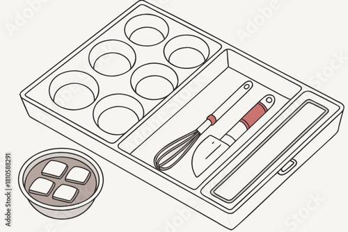 Baking essentials ready for creative recipes, featuring a muffin tin, whisk, and bowl, perfect for cooking blogs, recipe sites, and culinary projects