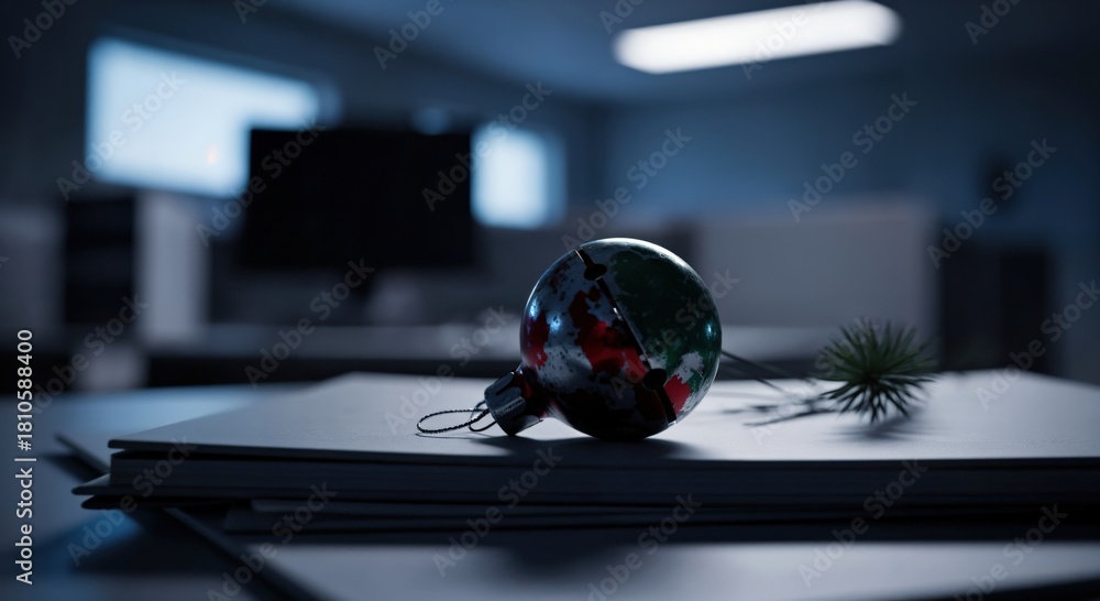 Fototapeta premium Reflective globe Christmas ornament and a small pine branch on a stack of papers in a quiet, dimly lit office, representing holiday season at work.