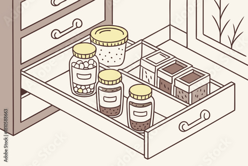 Neat and organized drawer with jars and boxes, perfect for home organization concepts, decluttering tips, and clean living lifestyle visuals