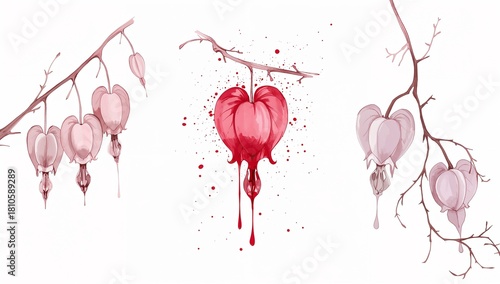 Bleeding Heart Vine Ink-Splash Triptych with Dripping Central Bloom