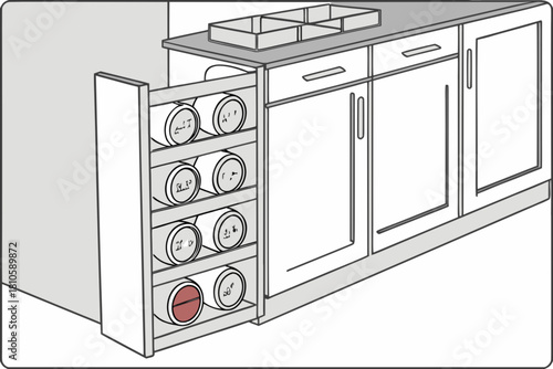 Organized kitchen spice rack with jars in pull-out drawer, a home cooking essential for culinary creativity and efficient storage solutions, minimalist style