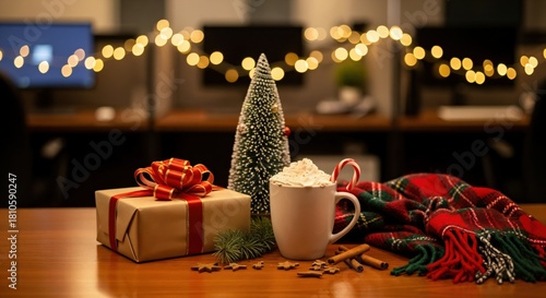 Wallpaper Mural Warm and Inviting Christmas Holiday Setup on a Modern Office Desk with a Wrapped Gift Box, Miniature Evergreen Tree, Hot Cocoa Mug, and Red Plaid Blanket Adorned with Twinkling Bokeh Lights Torontodigital.ca
