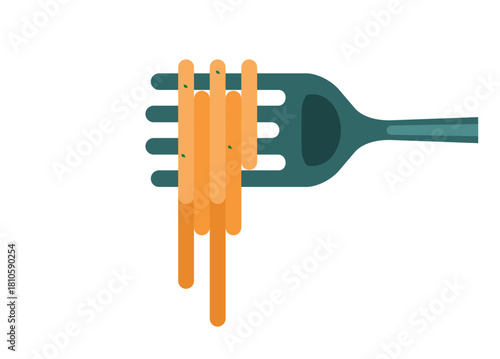Straight noodle rolled on fork, simple flat illustration.