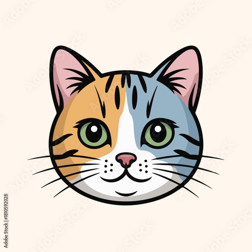 Cute cartoon cat head with colorful split face design