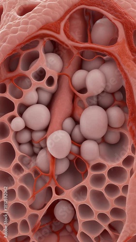 A microscopic view of adipose tissue showing spherical fat cells, or adipocytes, clustered within a network of connective tissue and capillaries.